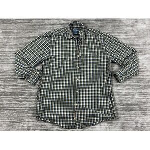 Old College Inn Button Down Mens Medium Navy Yellow Plaid Cotton Long Slv Shirt